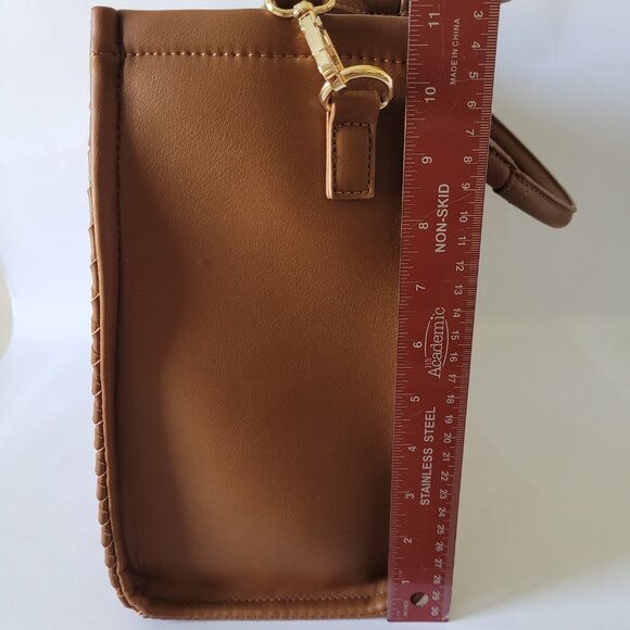 Cognac Brown Vegan Leather Woven Tote Bag & Wallet - Picture 11 of 12